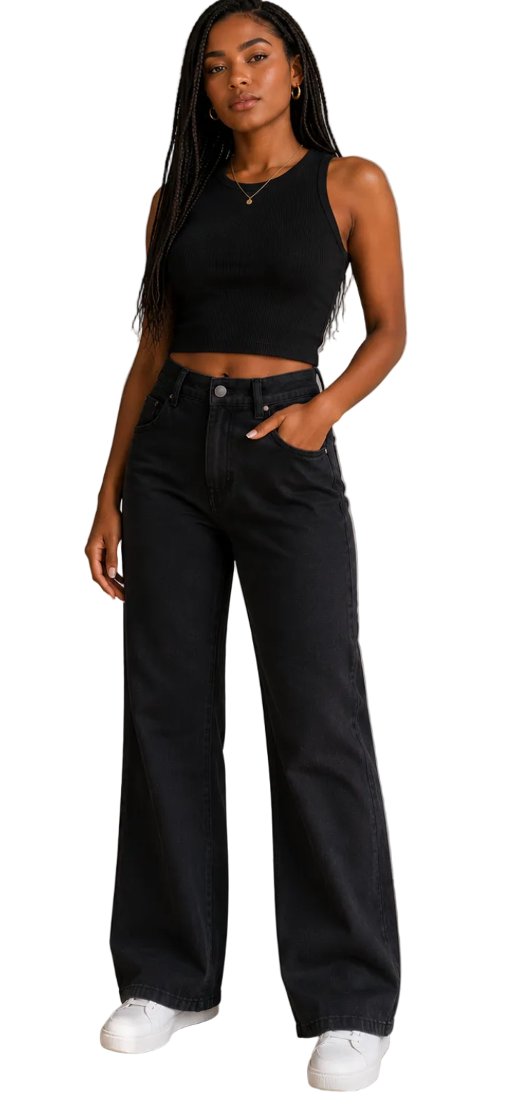 Calça Wide Leg Inspiração Jeans Preto 10437