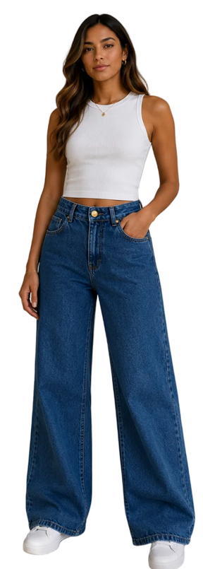 Calça Inspiração Wide Leg Botão Dourado 9977