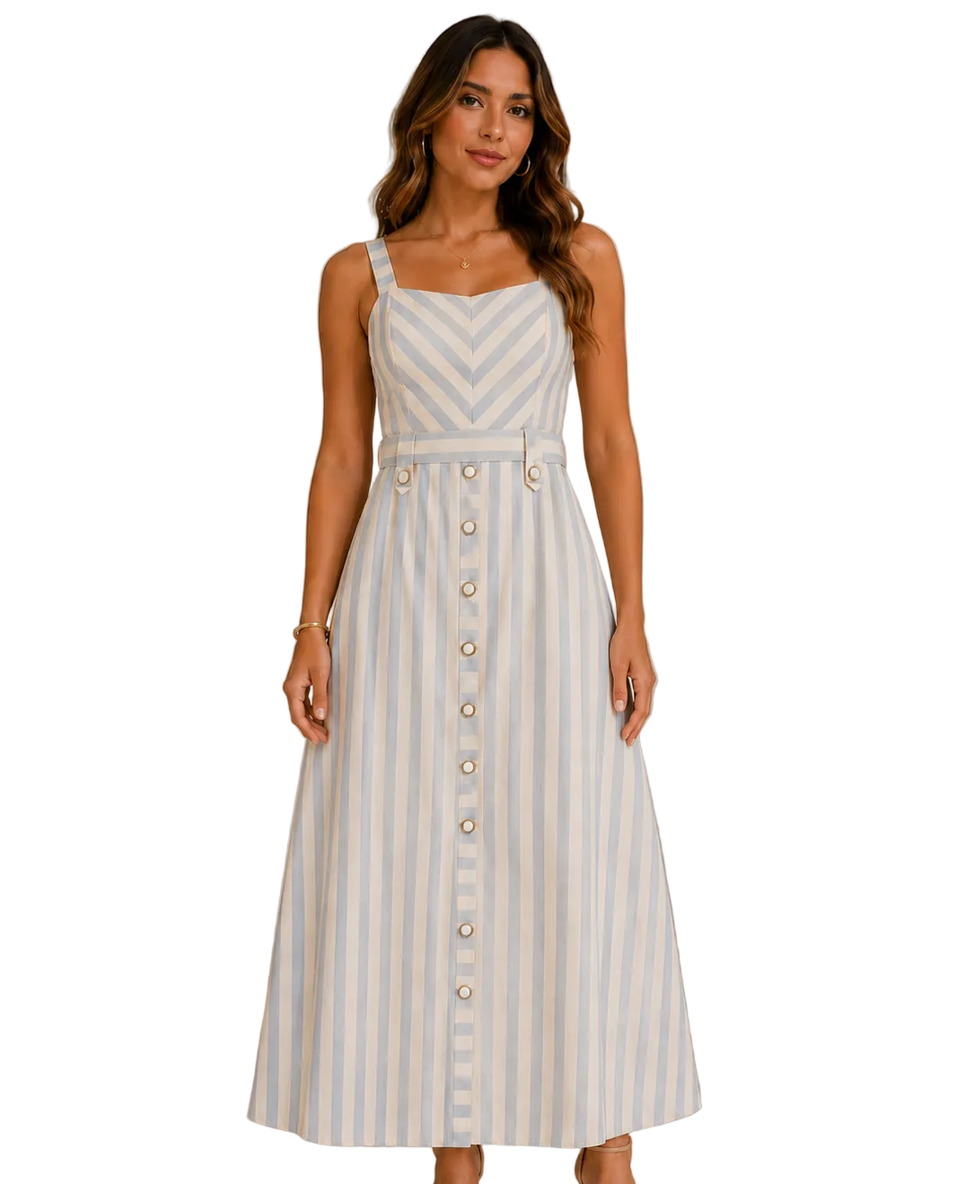 Vestido Linho Listrado Botões