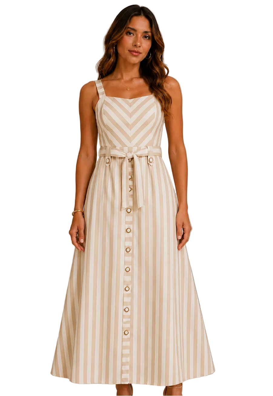 Vestido Linho Listrado Botões
