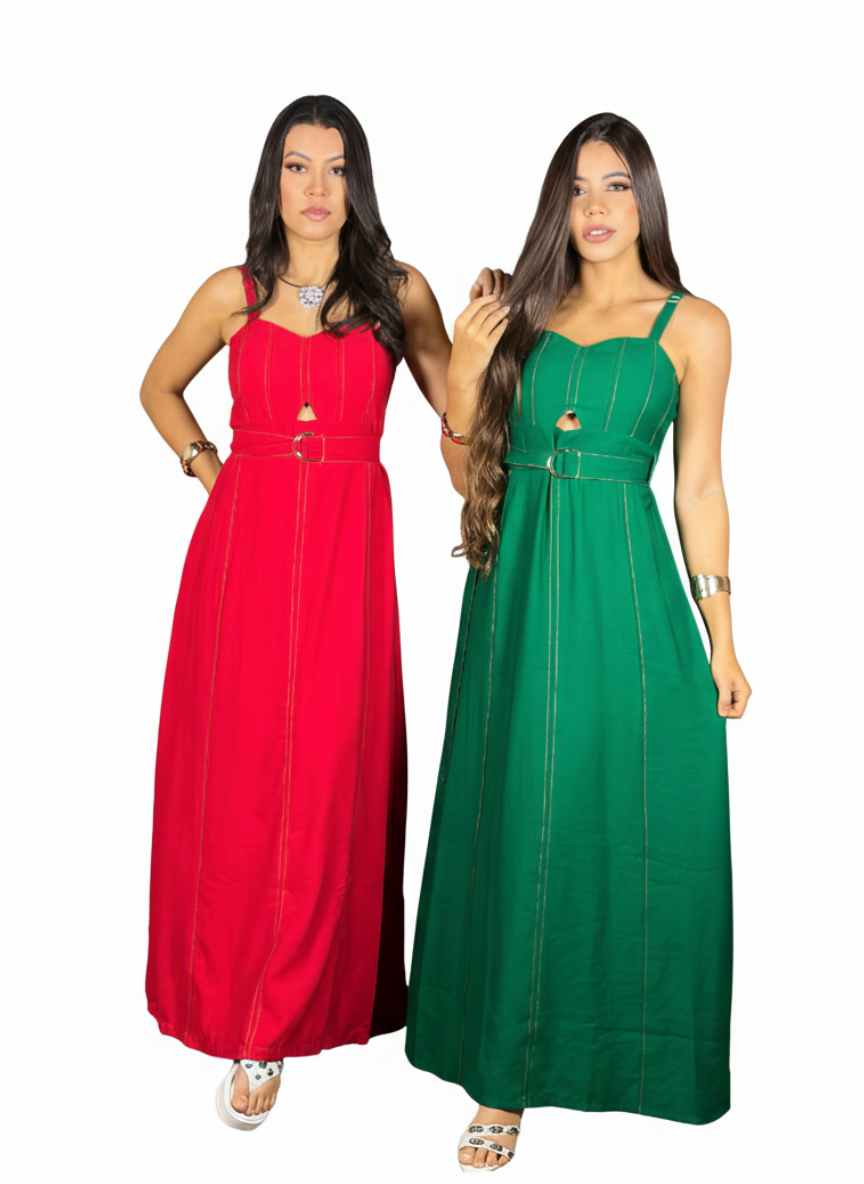 Vestido Longo Bicolor Cinto