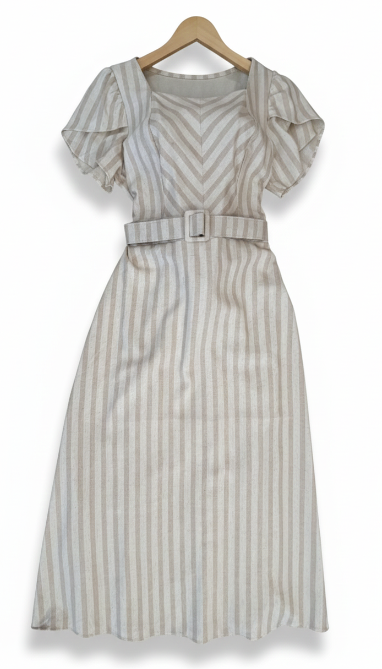 Vestido Linho Listrado C/Cinto