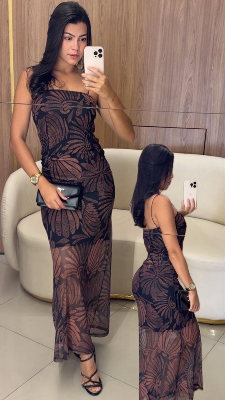 Vestido longo tule alça elástico