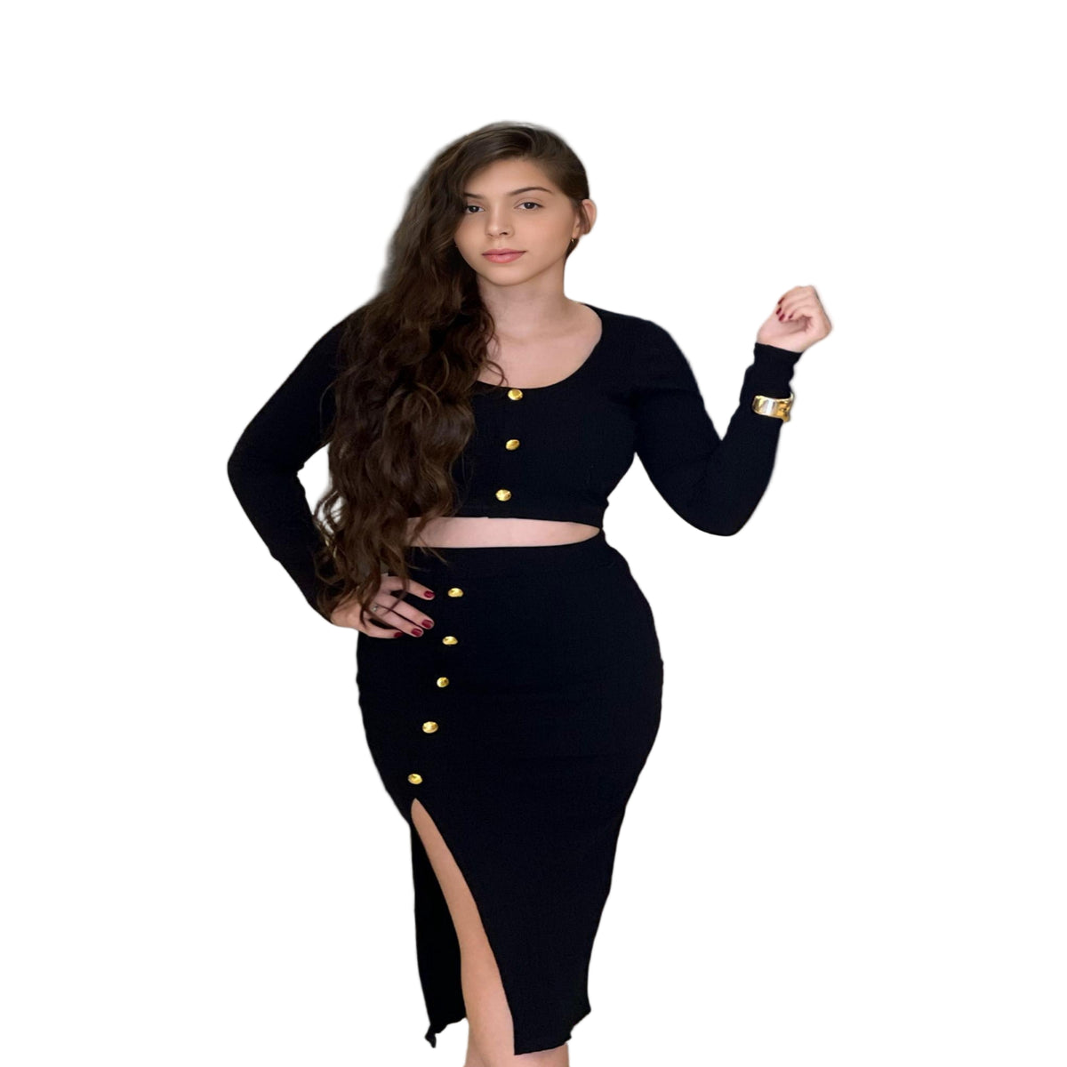 Conjunto Canelado Saia E Cropped Manga Longa 10254